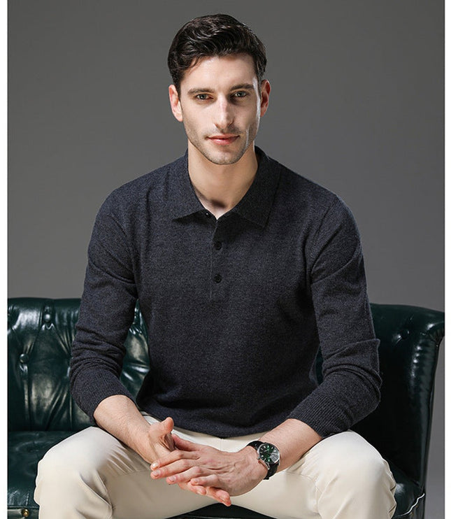 Men's Long Sleeve Polo Collar Knit Sweater in Cashmere