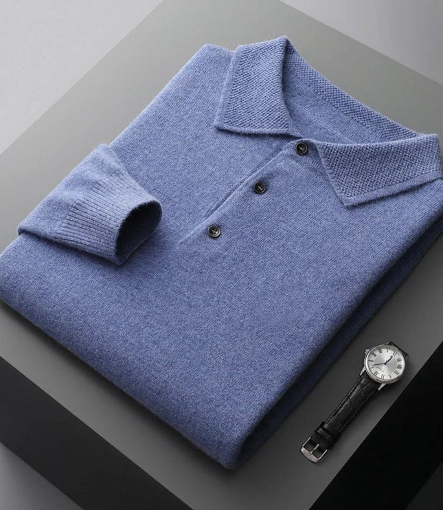 Men's Long Sleeve Polo Collar Knit Sweater in Cashmere
