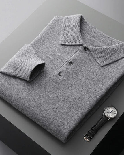 Men's Long Sleeve Polo Collar Knit Sweater in Cashmere