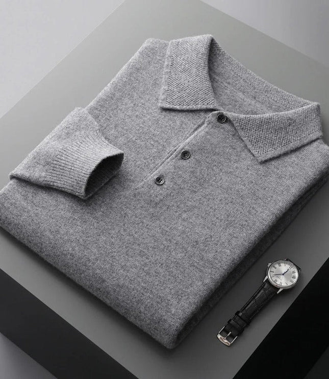 Men's Long Sleeve Polo Collar Knit Sweater in Cashmere