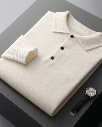 Men's Long Sleeve Polo Collar Knit Sweater in Cashmere