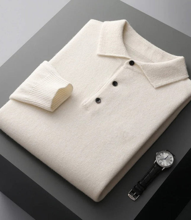 Men's Long Sleeve Polo Collar Knit Sweater in Cashmere
