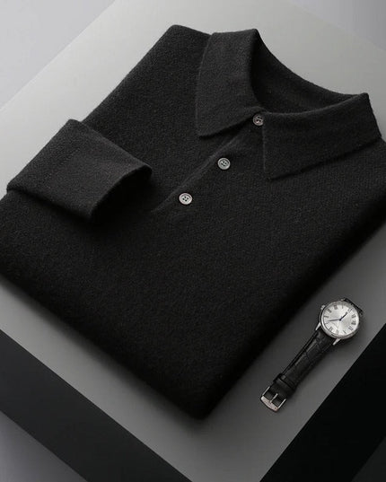 Men's Long Sleeve Polo Collar Knit Sweater in Cashmere