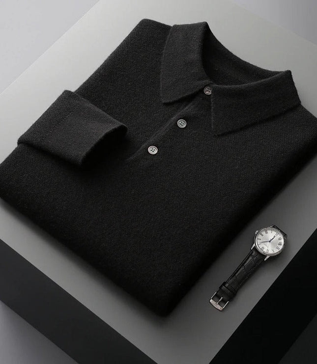 Men's Long Sleeve Polo Collar Knit Sweater in Cashmere