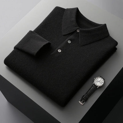 Men's Long Sleeve Polo Collar Knit Sweater in Cashmere