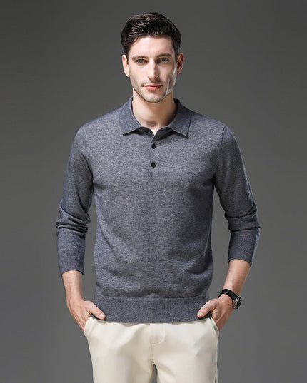 Men's Long Sleeve Polo Collar Knit Sweater in Cashmere