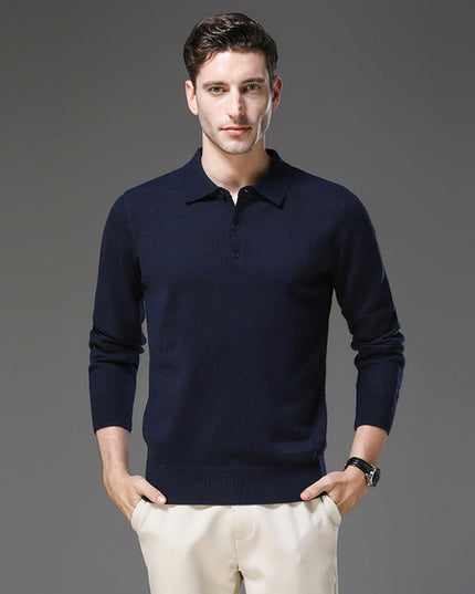 Men's Long Sleeve Polo Collar Knit Sweater in Cashmere