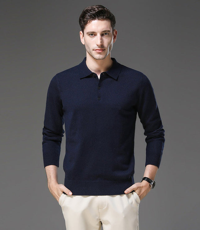 Men's Long Sleeve Polo Collar Knit Sweater in Cashmere