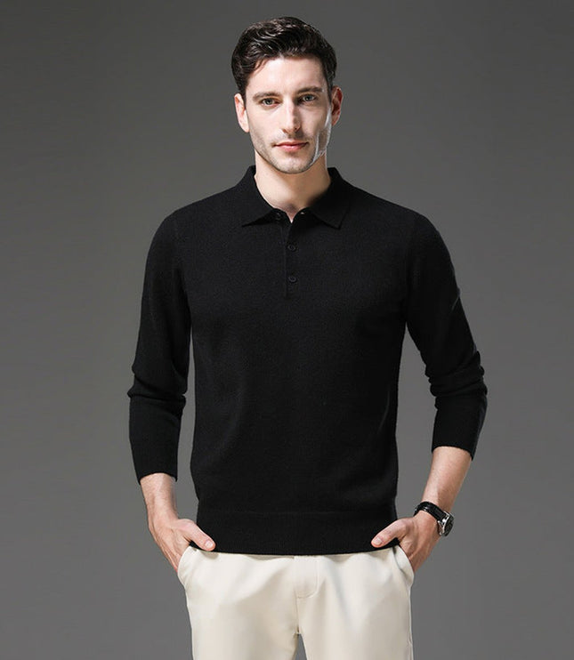 Men's Long Sleeve Polo Collar Knit Sweater in Cashmere