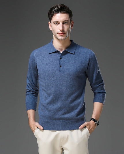 Men's Long Sleeve Polo Collar Knit Sweater in Cashmere