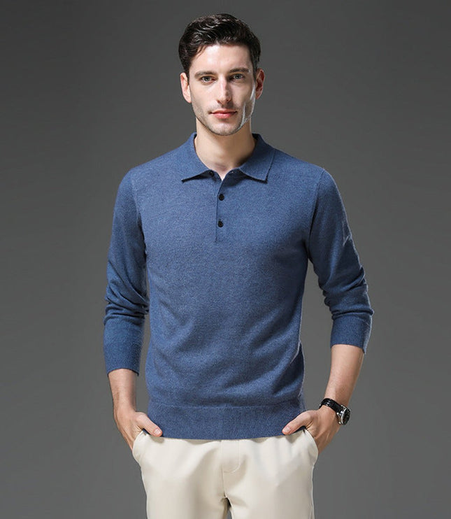 Men's Long Sleeve Polo Collar Knit Sweater in Cashmere