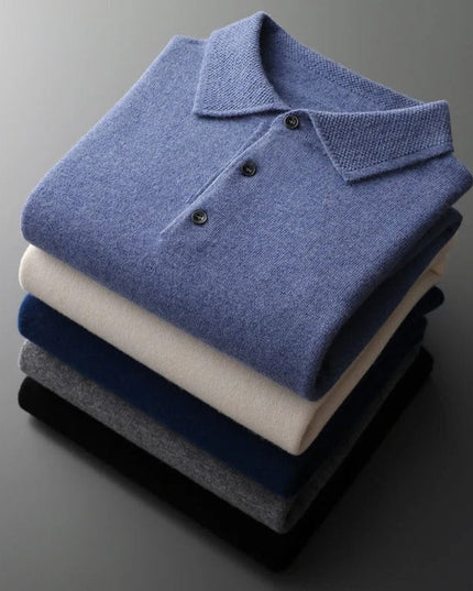 Men's Long Sleeve Polo Collar Knit Sweater in Cashmere