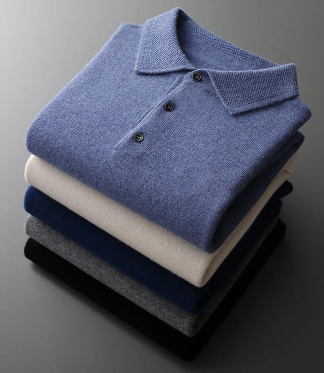 Men's Long Sleeve Polo Collar Knit Sweater in Cashmere