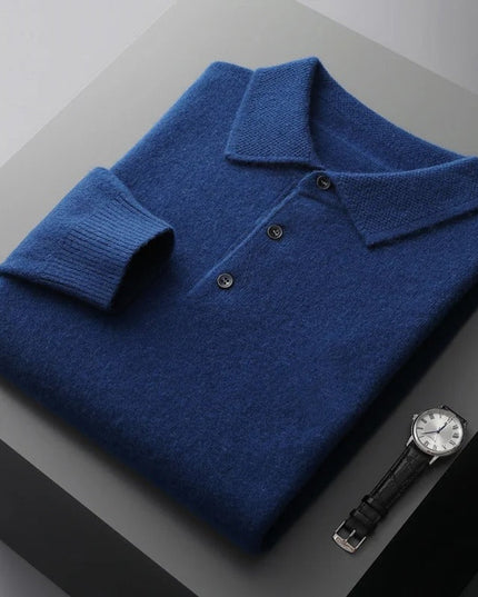 Men's Long Sleeve Polo Collar Knit Sweater in Cashmere