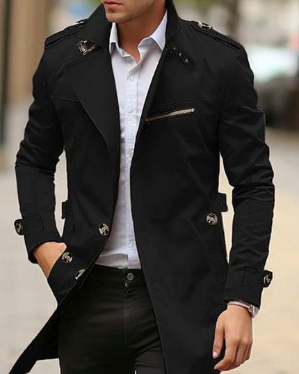 Men's Long Trench Coat, Structured Collar Button Front