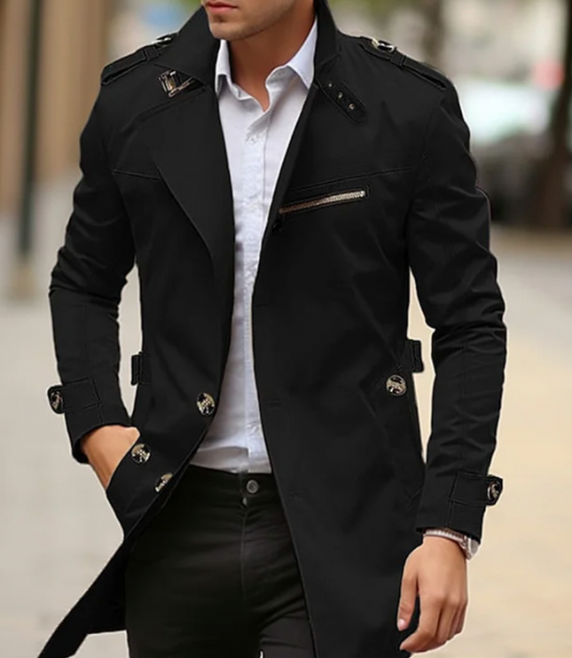 Men's Long Trench Coat, Structured Collar Button Front