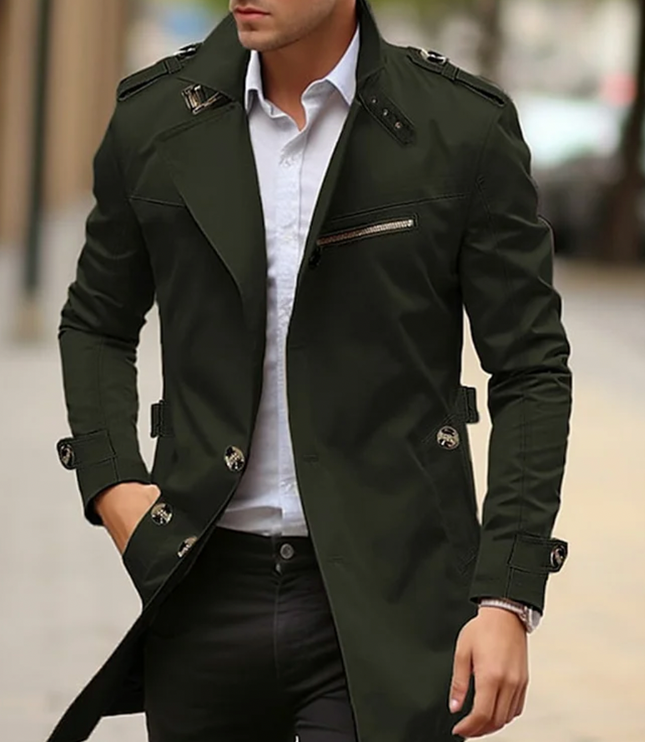 Men's Long Trench Coat, Structured Collar Button Front