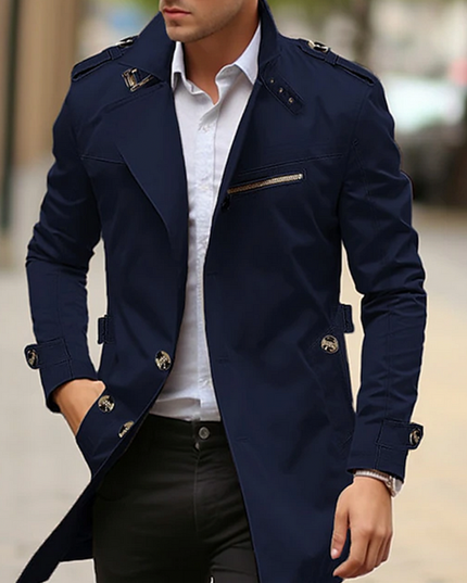Men's Long Trench Coat, Structured Collar Button Front