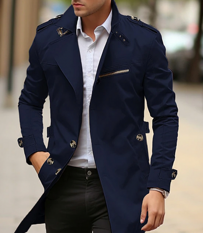 Men's Long Trench Coat, Structured Collar Button Front