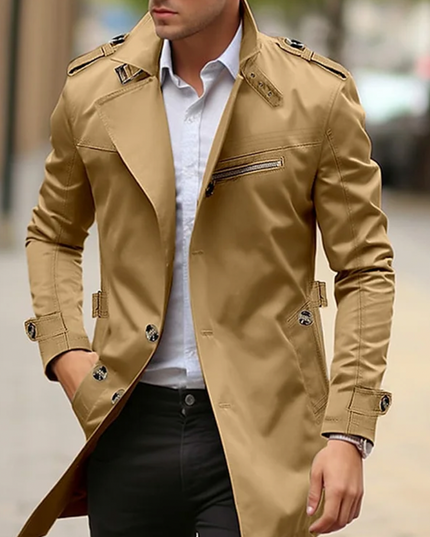 Men's Long Trench Coat, Structured Collar Button Front