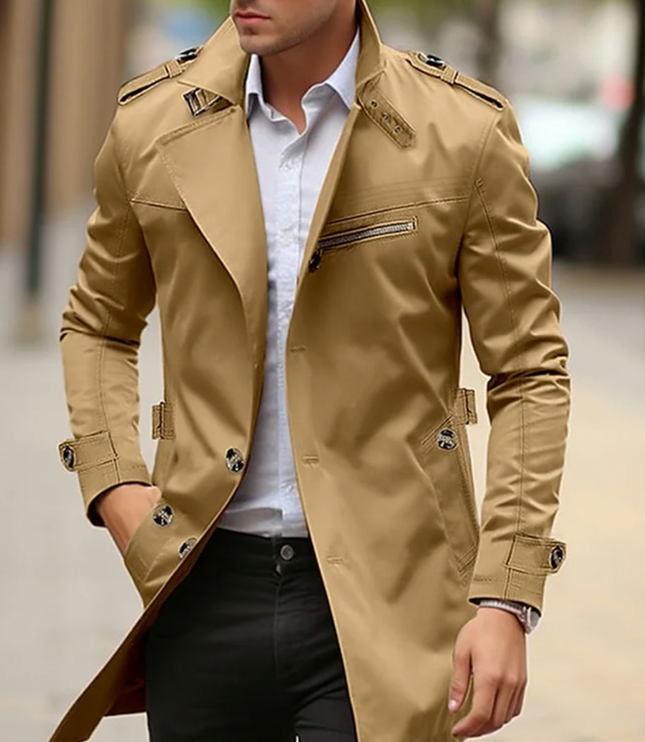 Men's Long Trench Coat, Structured Collar Button Front
