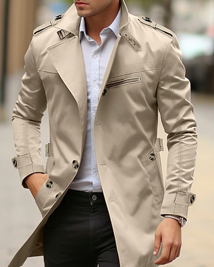 Men's Long Trench Coat, Structured Collar Button Front