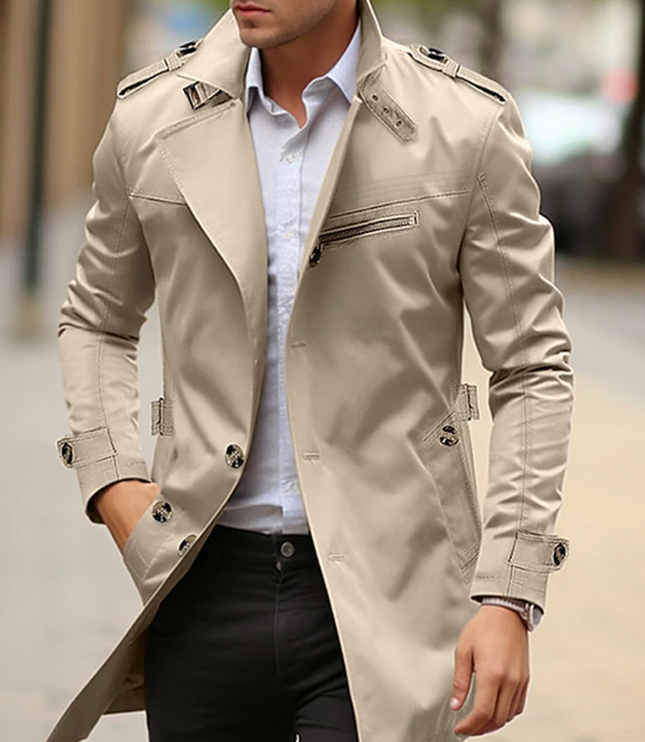 Men's Long Trench Coat, Structured Collar Button Front