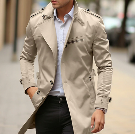 Men's Long Trench Coat, Structured Collar Button Front