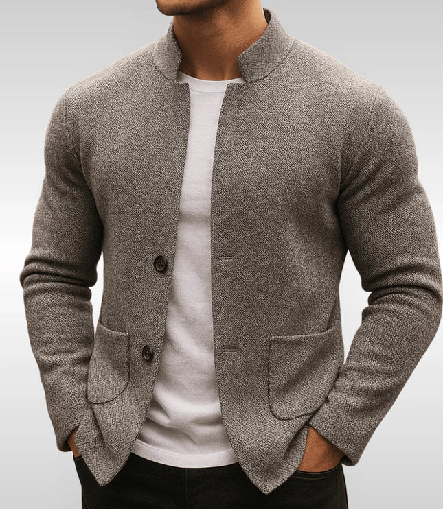 Men's Mandarin-Collar Knit Textured Button-Front Blazer