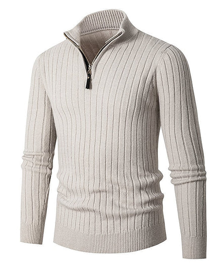 Men's Mock Neck Quarter Zip Pullover Sweater, Ribbed Knit
