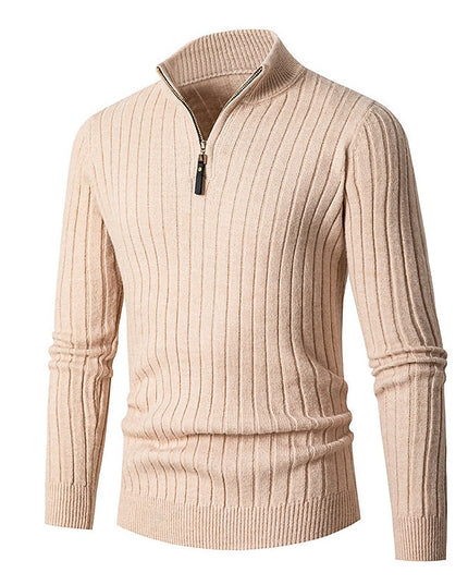 Men's Mock Neck Quarter Zip Pullover Sweater, Ribbed Knit