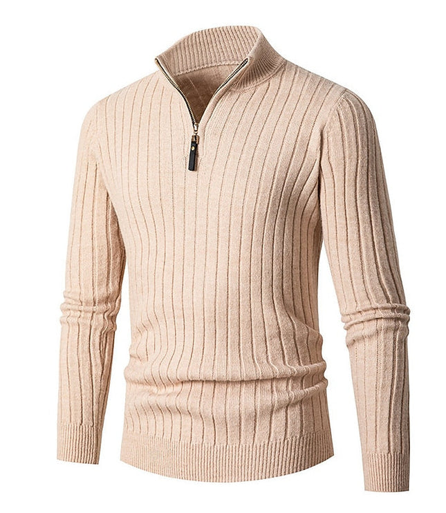 Men's Mock Neck Quarter Zip Pullover Sweater, Ribbed Knit