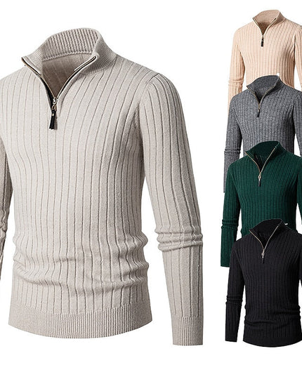 Men's Mock Neck Quarter Zip Pullover Sweater, Ribbed Knit