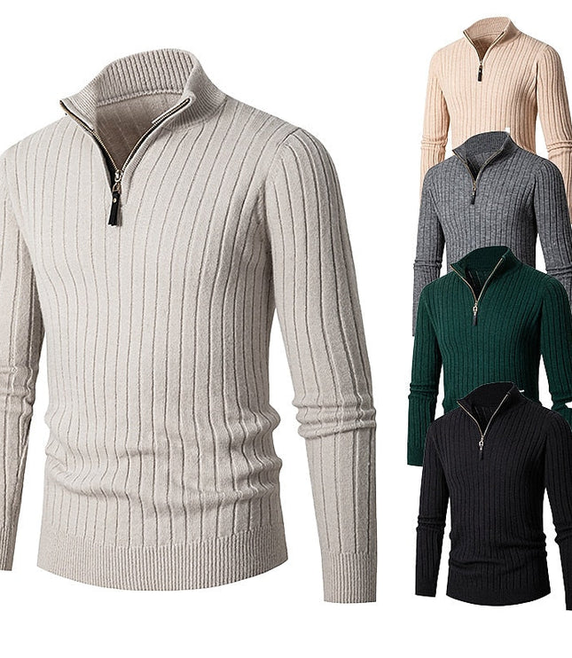 Men's Mock Neck Quarter Zip Pullover Sweater, Ribbed Knit