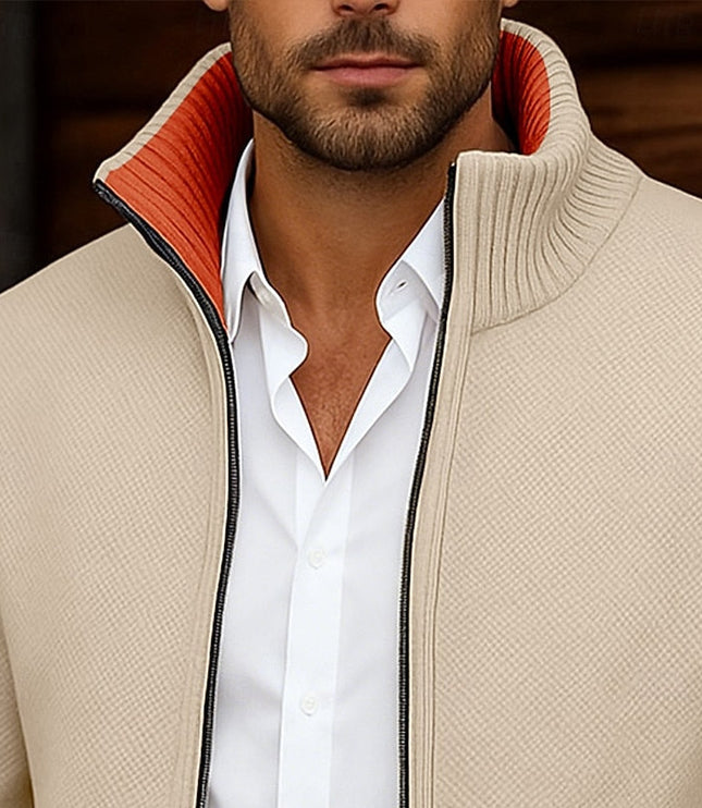 Men's Mock Neck Sweater Cardigan, Zip Up Ribbed Knit