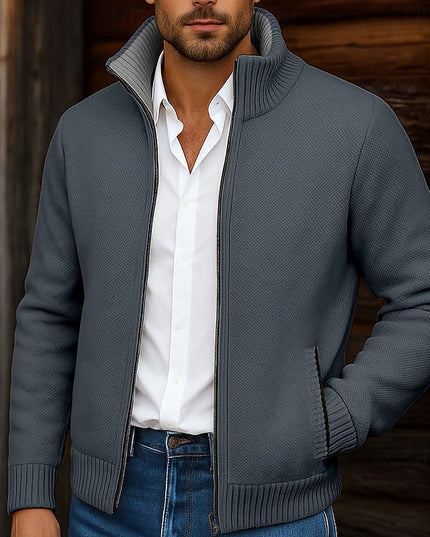 Men's Mock Neck Sweater Cardigan, Zip Up Ribbed Knit