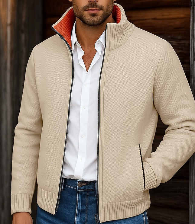 Men's Mock Neck Sweater Cardigan, Zip Up Ribbed Knit