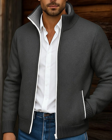Men's Mock Neck Sweater Cardigan, Zip Up Ribbed Knit