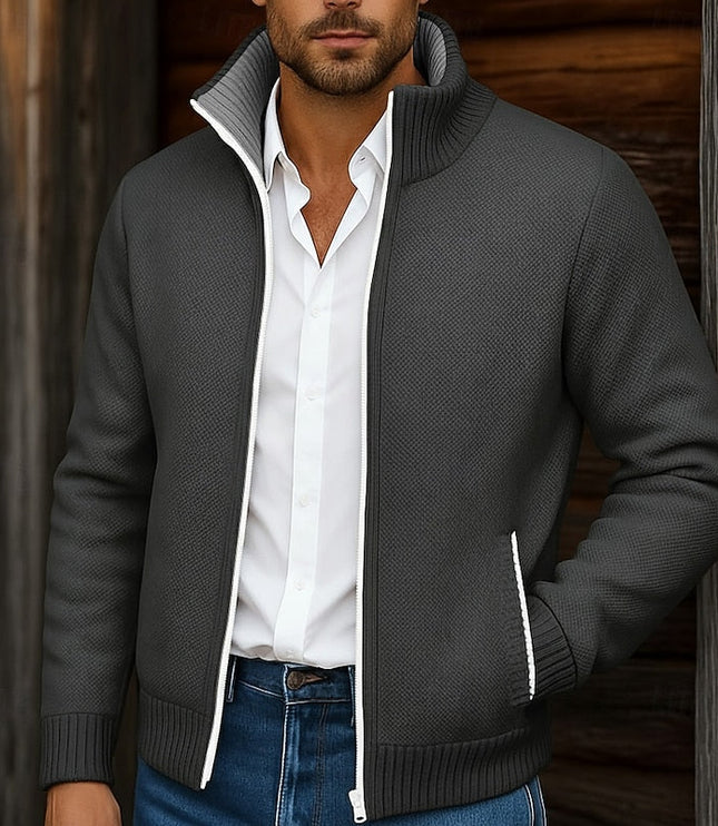 Men's Mock Neck Sweater Cardigan, Zip Up Ribbed Knit