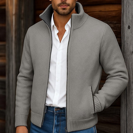 Men's Mock Neck Sweater Cardigan, Zip Up Ribbed Knit