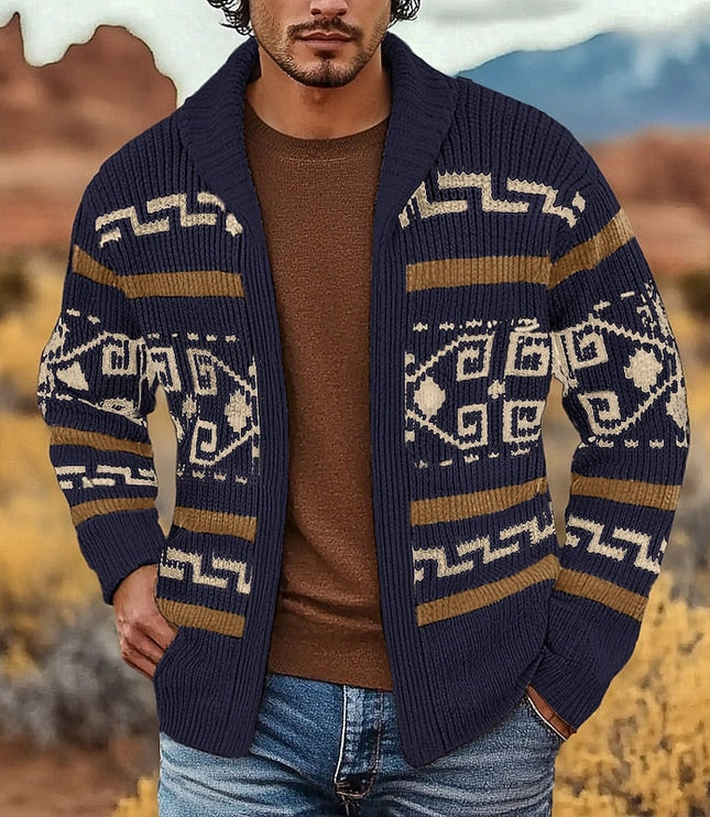 Men's Open Front Sweater Cardigan Patterned Knit Shawl Collar