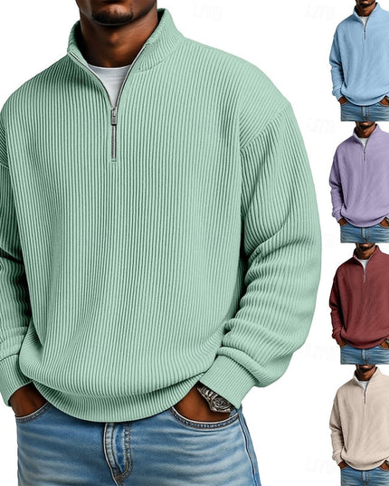 Men's Quarter Zip Pullover Sweater Ribbed Knit Relaxed Fit