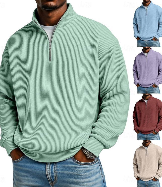 Men's Quarter Zip Pullover Sweater Ribbed Knit Relaxed Fit