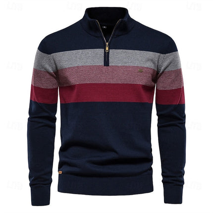 Men's Quarter Zip Pullover Sweater Striped Color Block