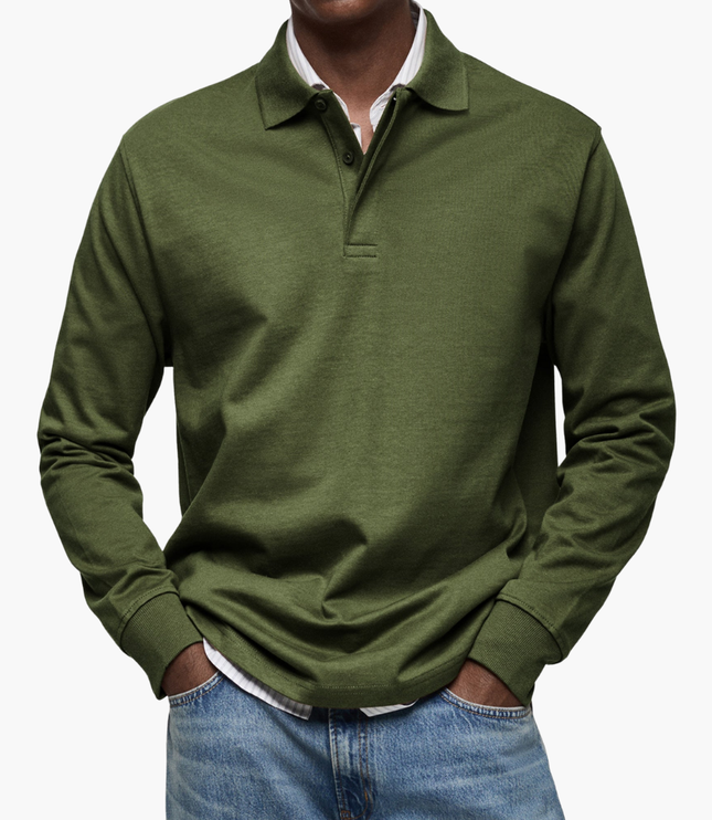 Men's Regular Fit Long Sleeve Collared Casual Polo Shirt
