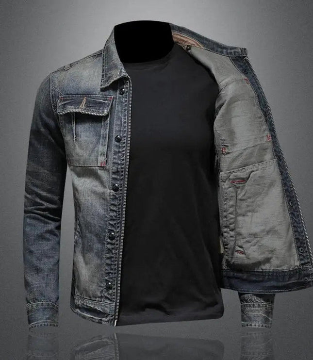 Men's Retro Full-Zip Trucker Jacket in Washed Denim