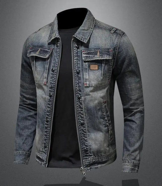 Men's Retro Full-Zip Trucker Jacket in Washed Denim