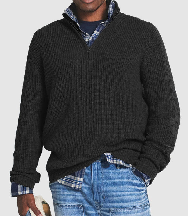 Men's Ribbed Mock Neck Quarter Zip Knit Pullover Sweater