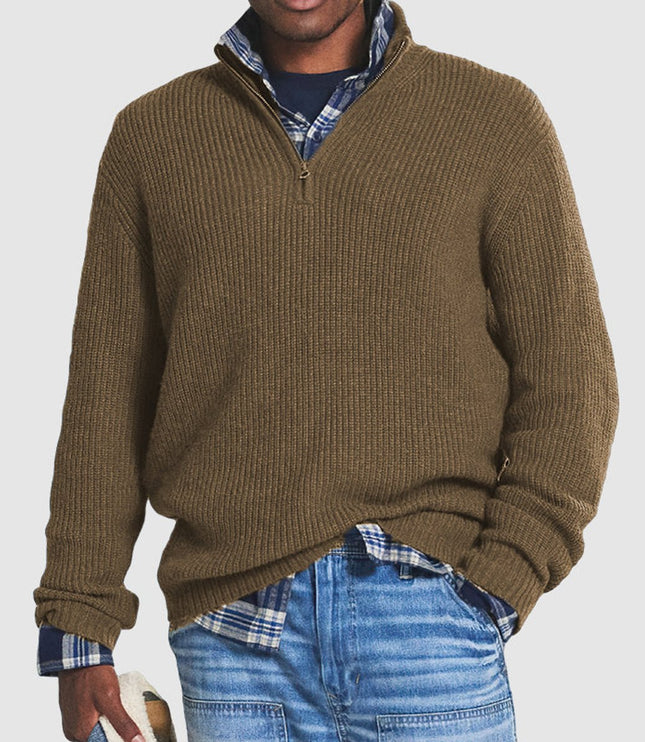 Men's Ribbed Mock Neck Quarter Zip Knit Pullover Sweater