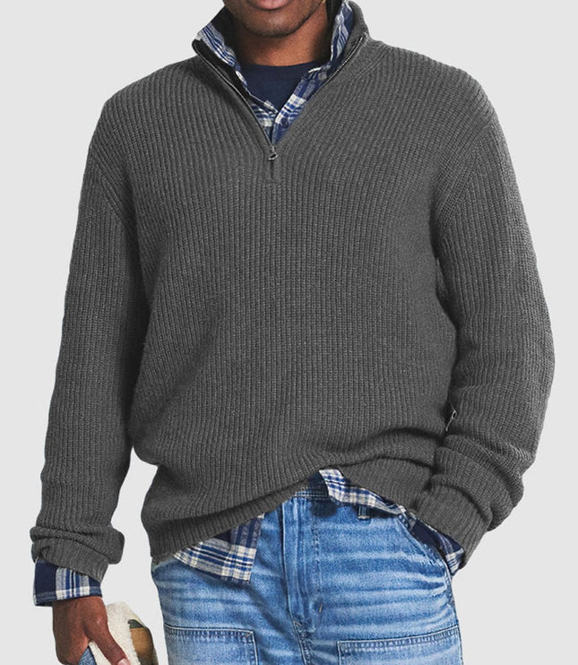 Men's Ribbed Mock Neck Quarter Zip Knit Pullover Sweater